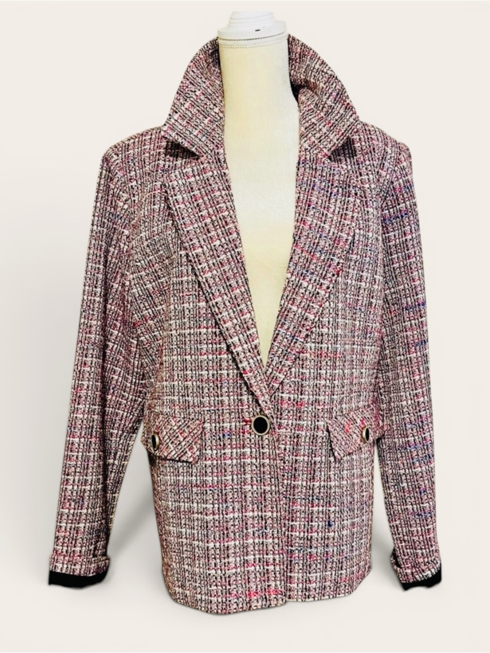Bagatelle Tweed Blazer Jacket XL Pink Black Boucle Chanel Style One Button